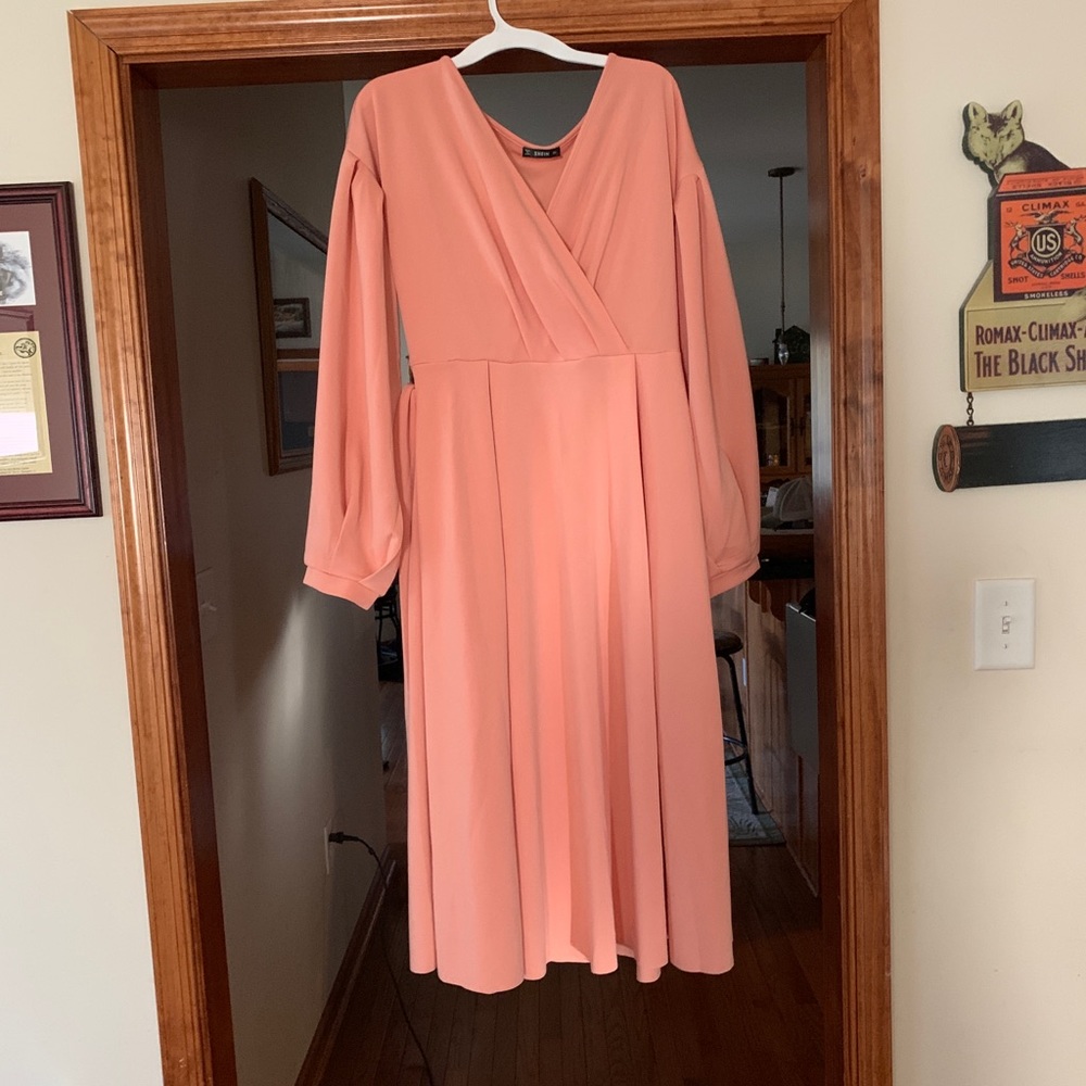 Lantern Sleeve Self Belted Wrap Dress